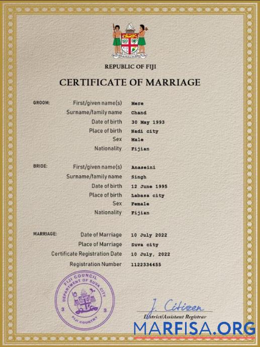 Printable Fiji marriage certificate PSD template